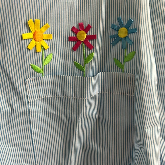 Martha’s Vineyard button up blouse blue white stripe handmade ribbon flowers NWT - Picture 6 of 8